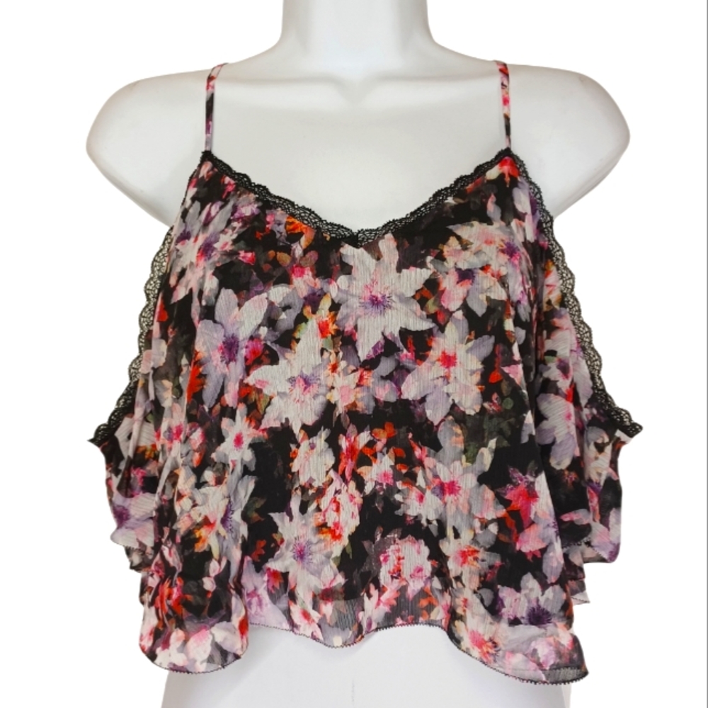 BEBE Pink Purple Floral Print Black Cold Shoulder Lace Trim Crop Top XSmall